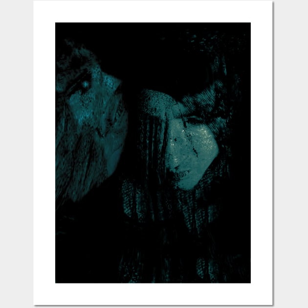 Portrait, collage, special processing. Man, dark costume, long hair, looking down. On left demon of gold. Aquamarine, like drawn. Wall Art by 234TeeUser234